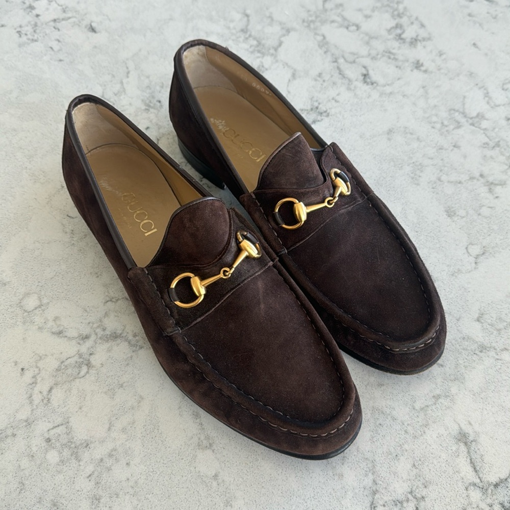 Gucci Jordaan Horsebit Brown Suede Loafers Mens Size 46 D